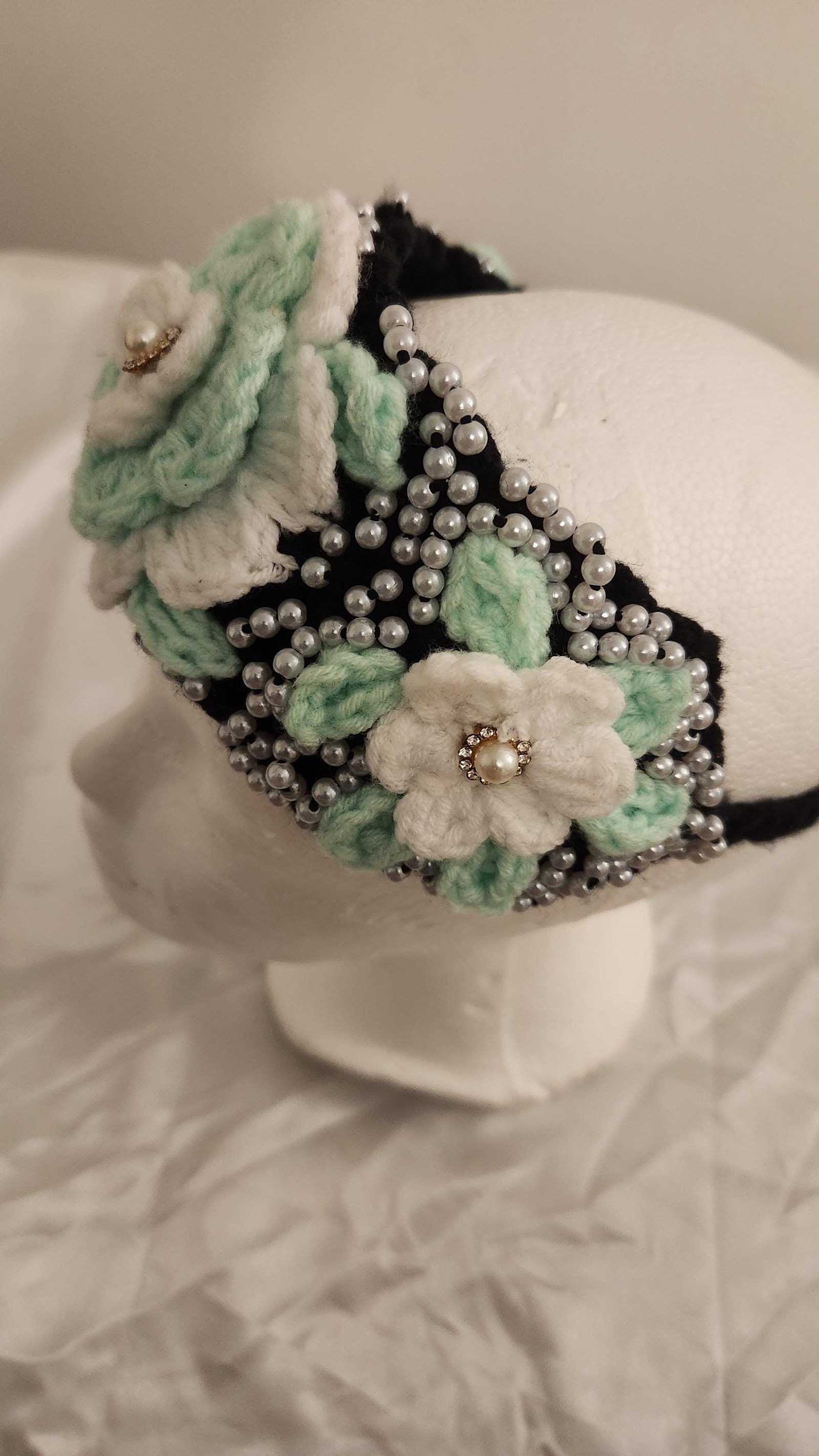 Girl's Handmade Headband: Children's Adjustable Crochet Tie Floral Wreath with Beaded Pearl Accents