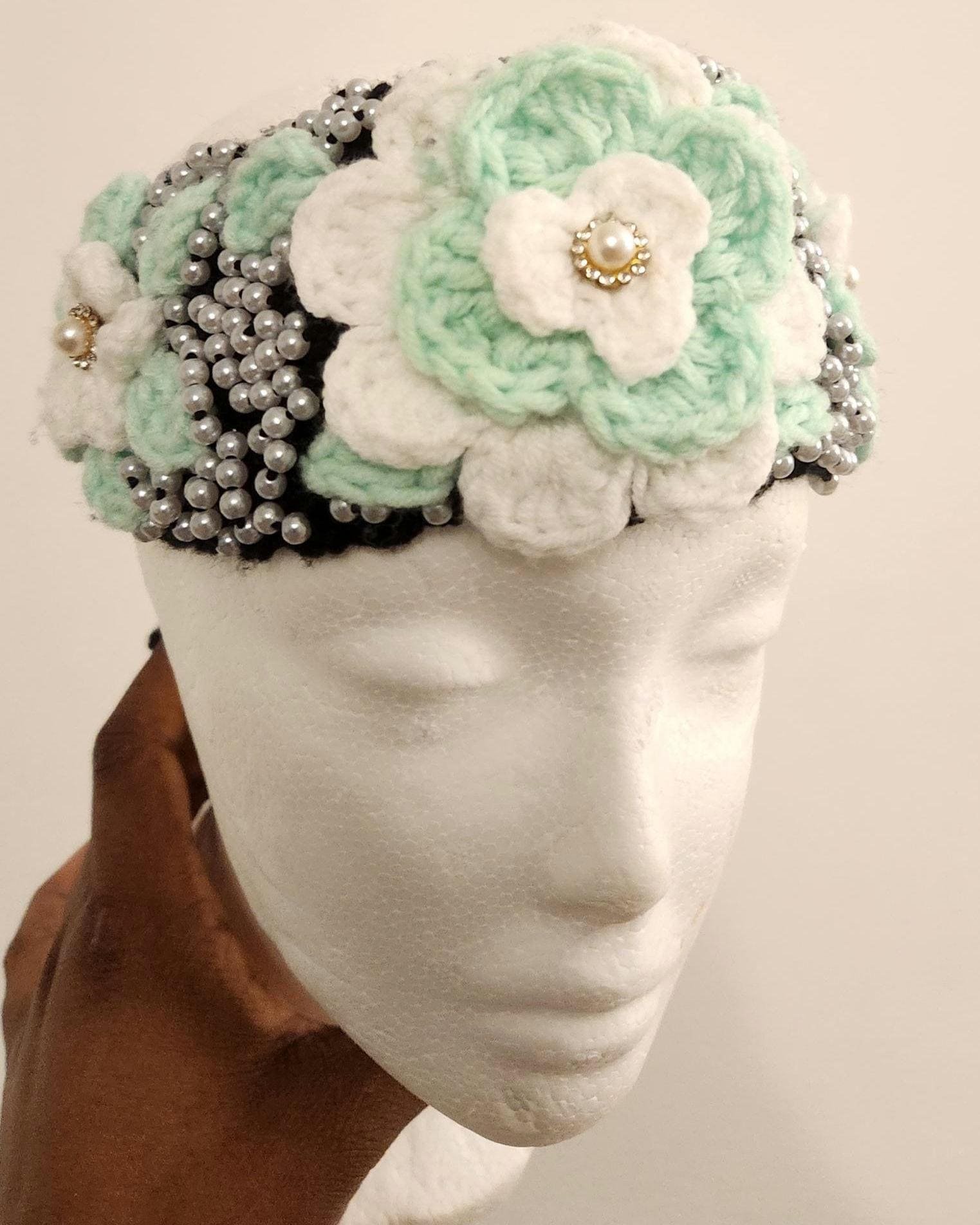 Girl's Handmade Headband: Children's Adjustable Crochet Tie Floral Wreath with Beaded Pearl Accents