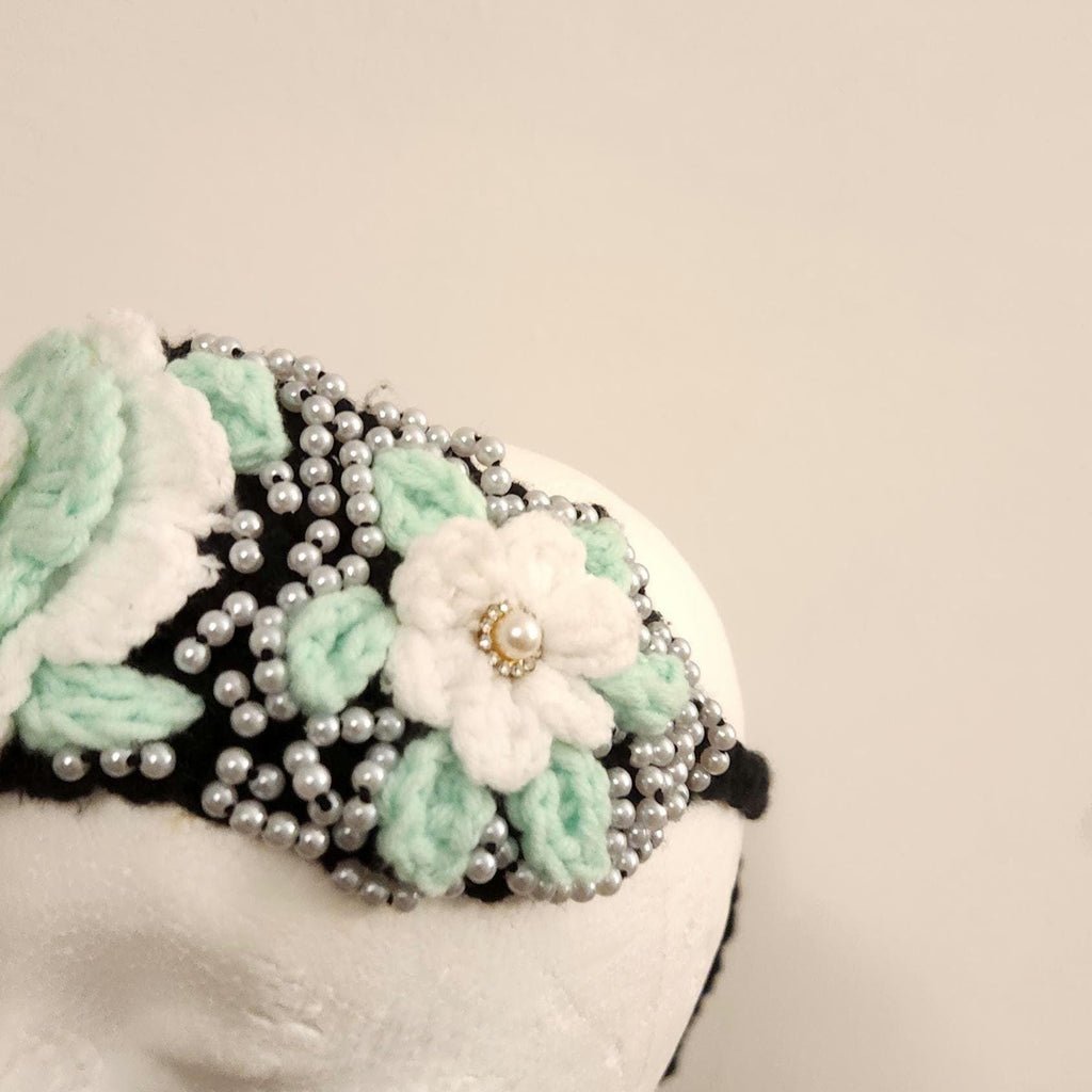 Girl's Handmade Headband: Children's Adjustable Crochet Tie Floral Wreath with Beaded Pearl Accents
