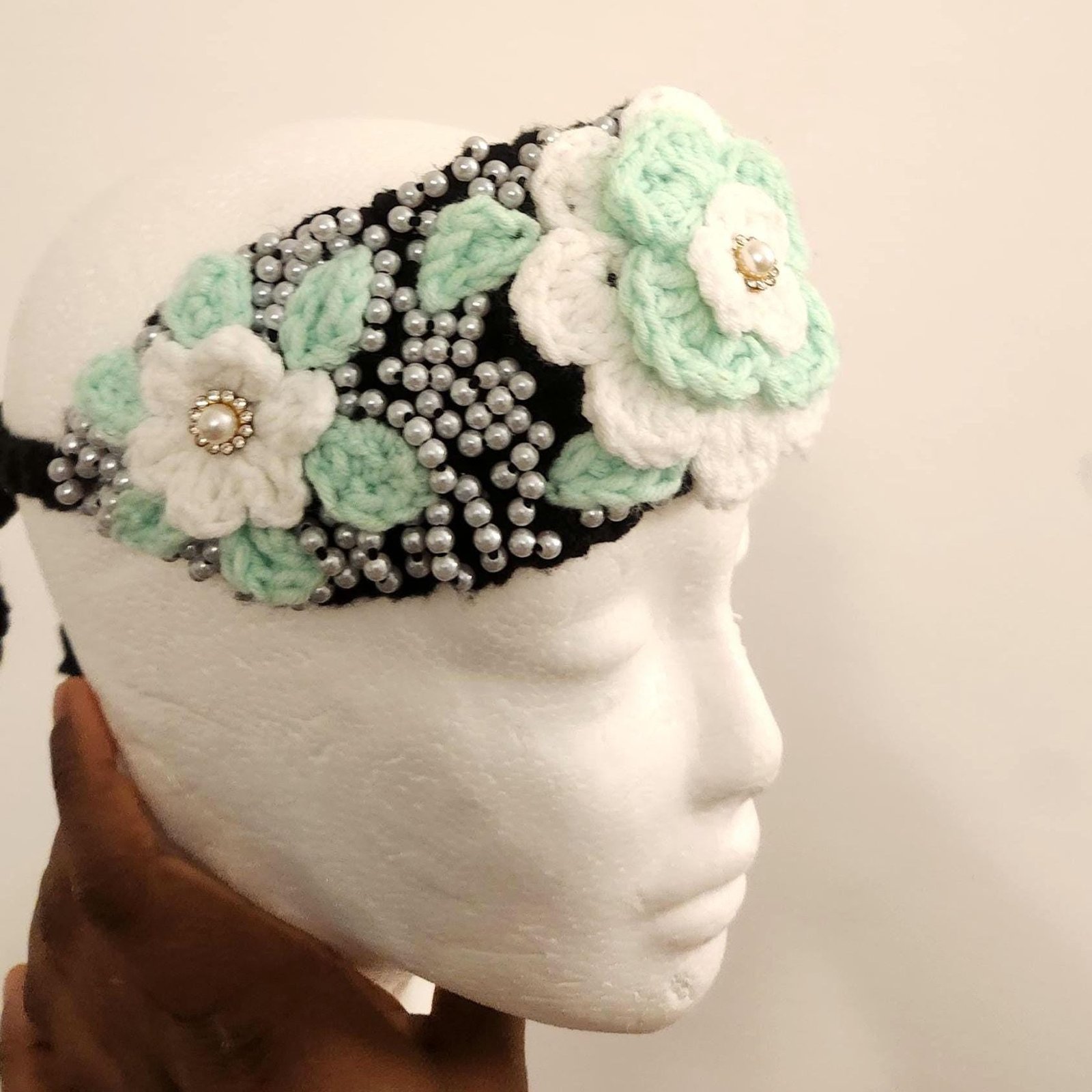 Girl's Handmade Headband: Children's Adjustable Crochet Tie Floral Wreath with Beaded Pearl Accents