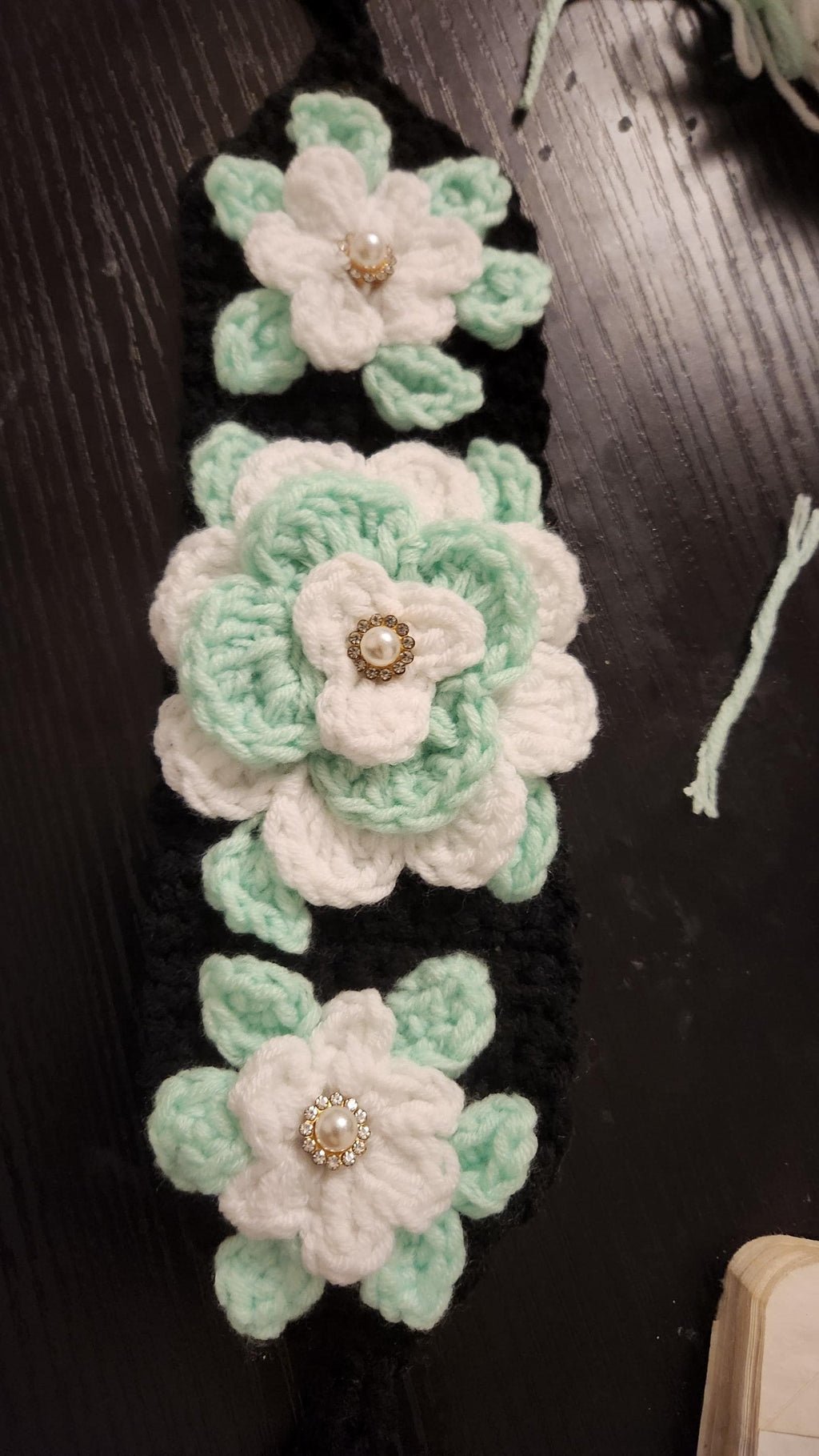 Girl's Handmade Headband: Children's Adjustable Crochet Tie Floral Wreath with Beaded Pearl Accents