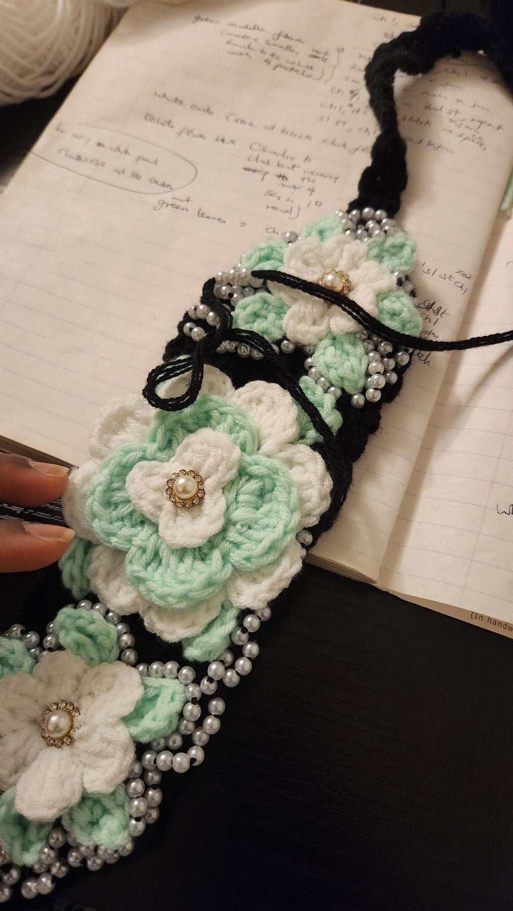 Girl's Handmade Headband: Children's Adjustable Crochet Tie Floral Wreath with Beaded Pearl Accents