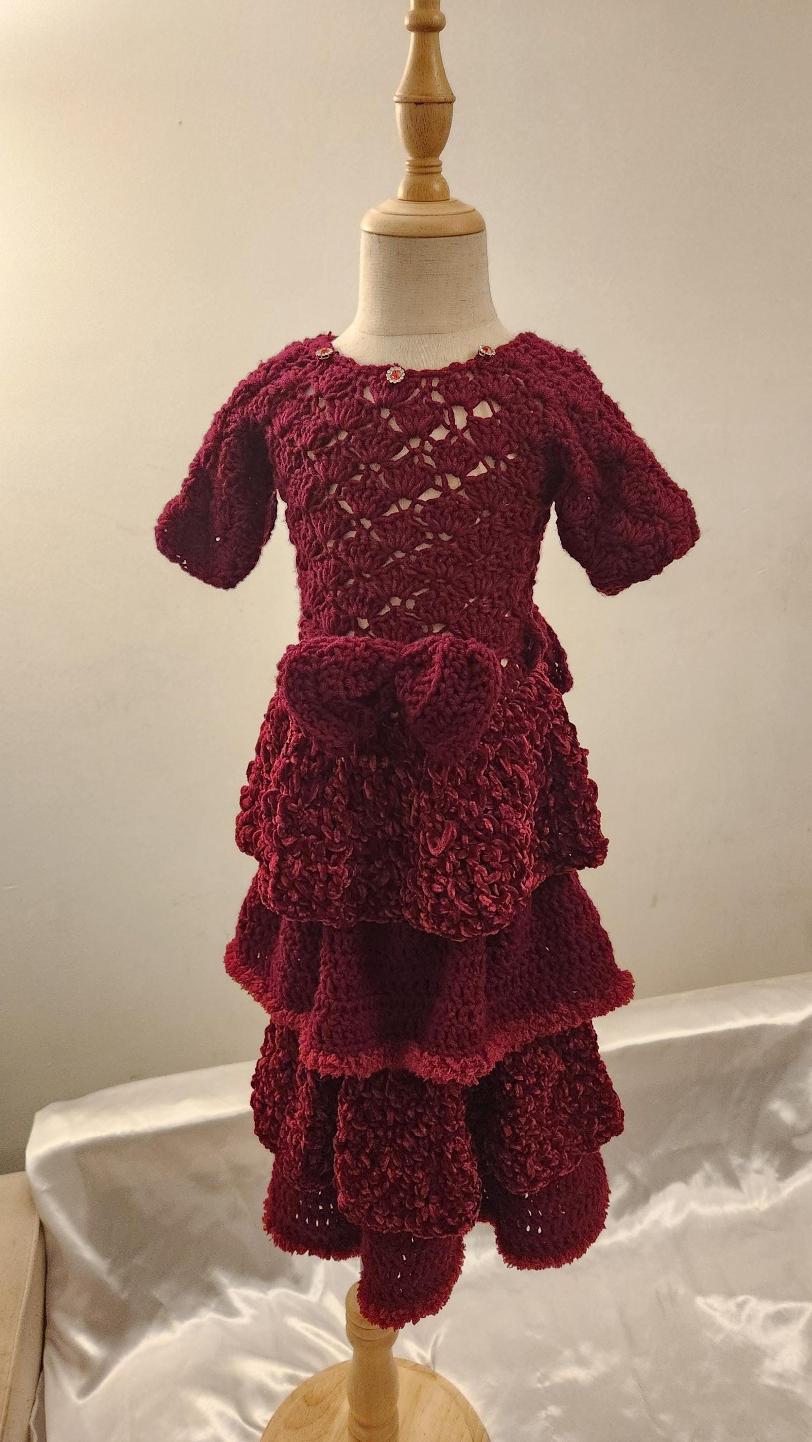 Handmade Crochet Toddler Dress: Red Velvet Layered Princess Costume with Bow