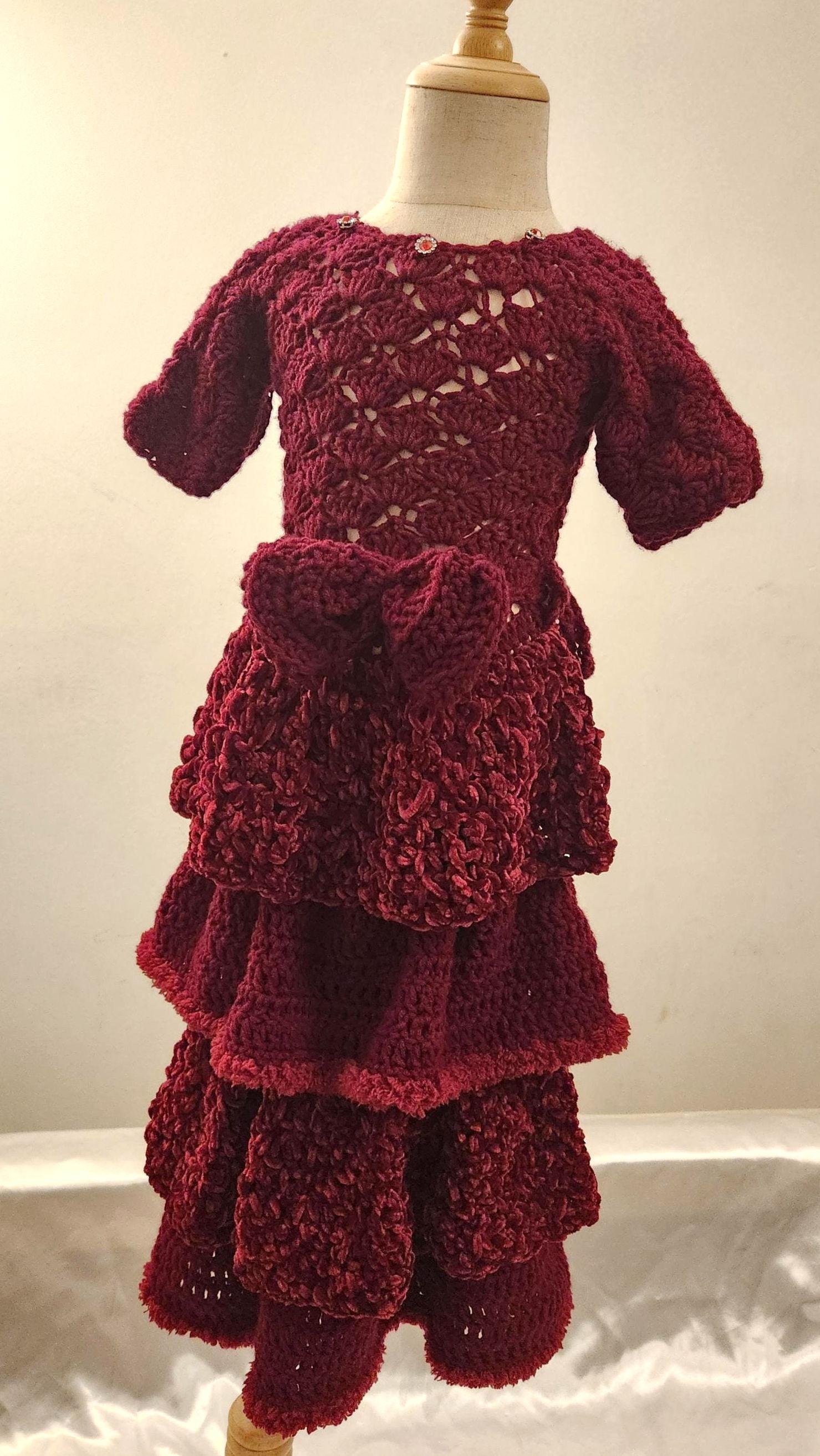 Handmade Crochet Toddler Dress: Red Velvet Layered Princess Costume with Bow