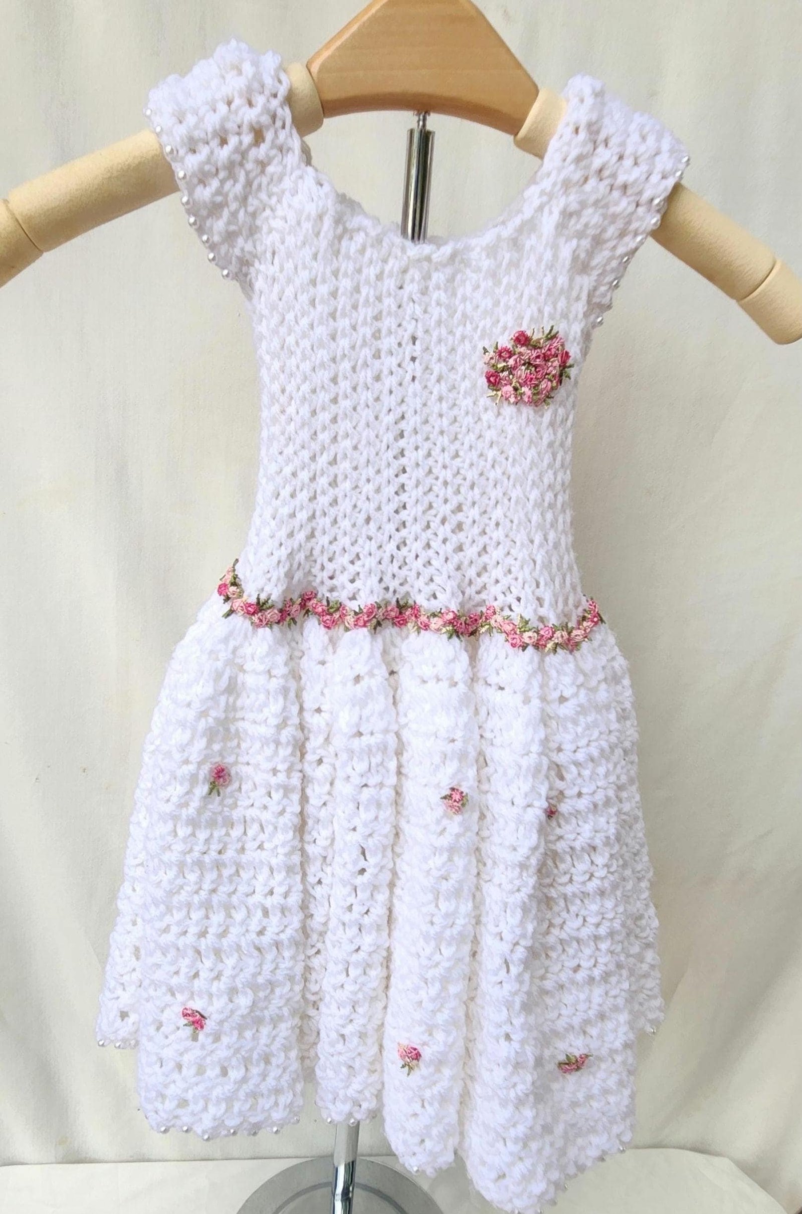 Lacy White Handmade Dress for Girls: Pink Flower Lace Trim Beaded-Edge Sleeveless Crochet Gown for Toddlers; Warm Gifts for Girls and Moms