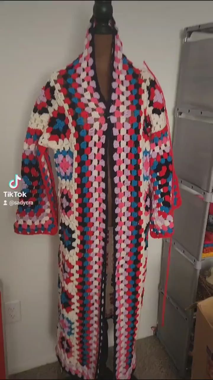 Handmade Long Cardigan: JUQ Granny Square Rainbow Crochet Kimono; Comfy Jacket Gifts