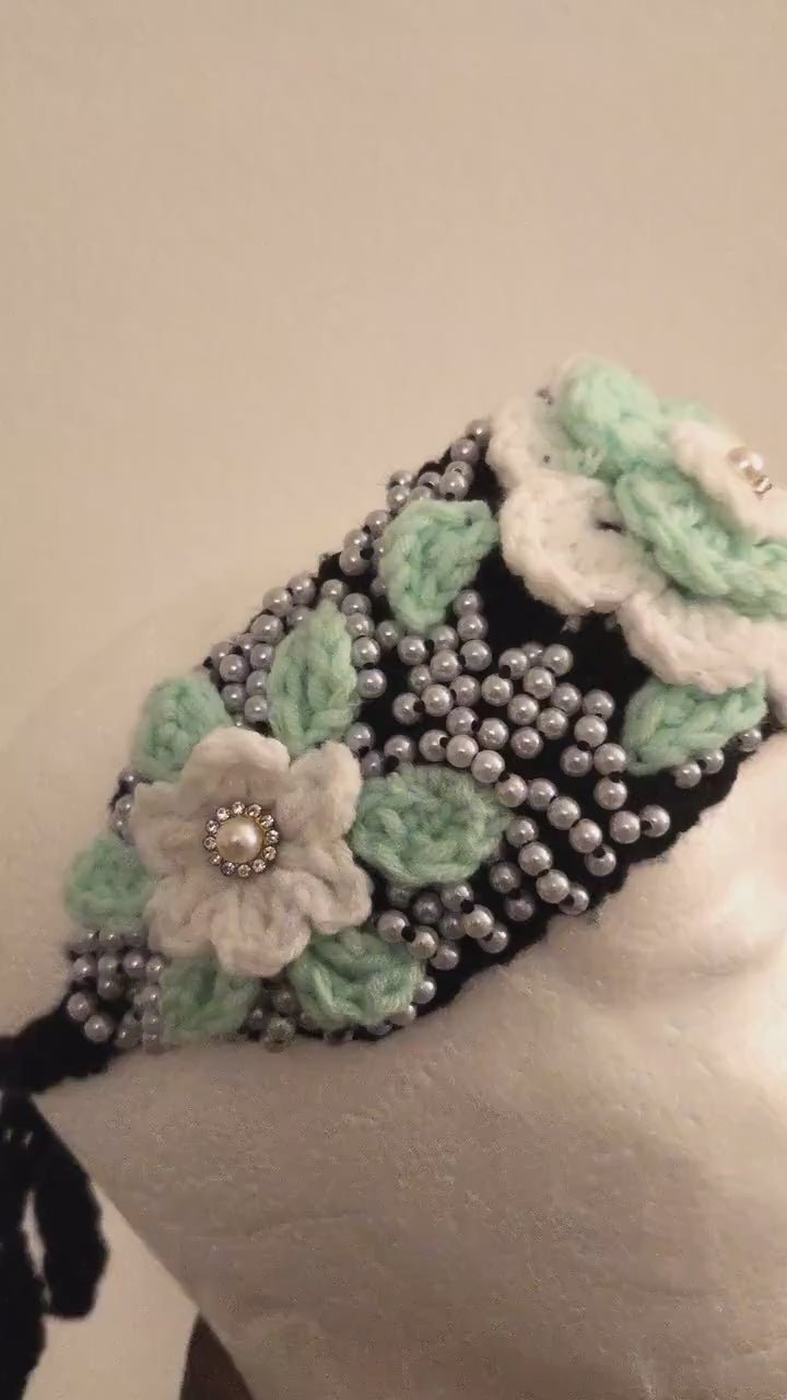 Girl's Handmade Headband: Children's Adjustable Crochet Tie Floral Wreath with Beaded Pearl Accents