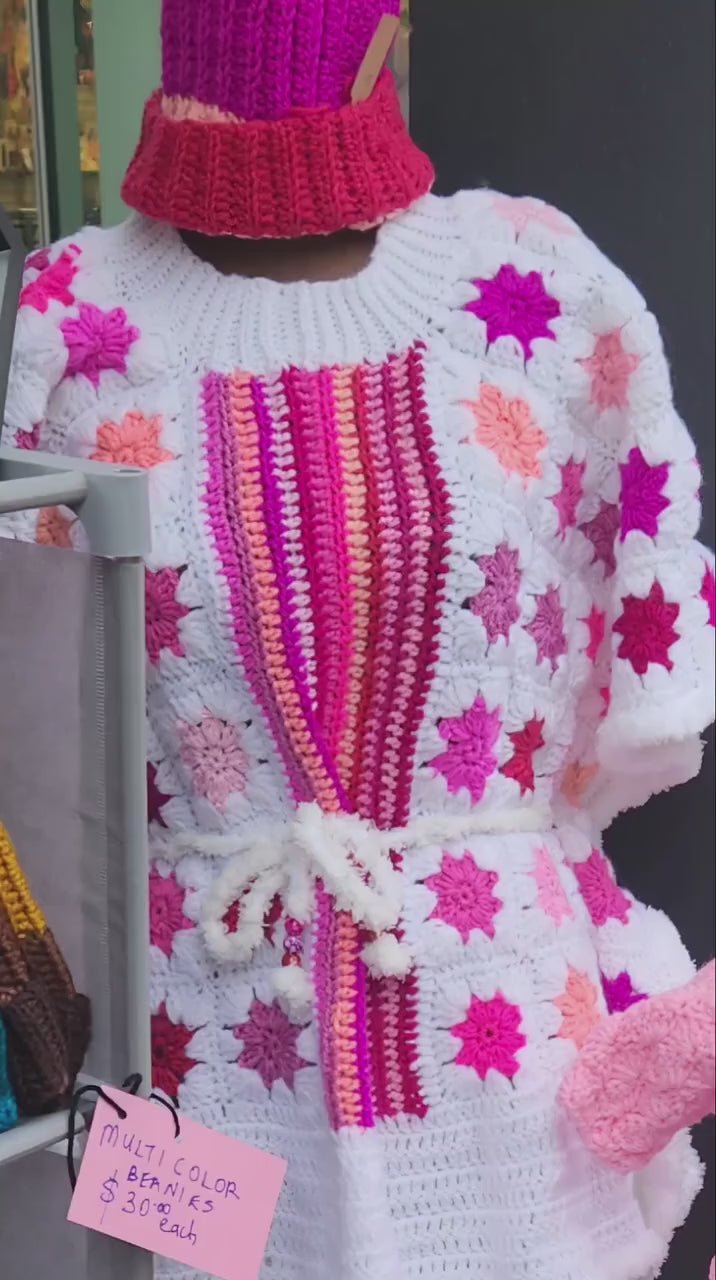 Large Pink Maple Leaf Poncho: Colorful Crochet African-Inspired Oversized Kaftan; Unique Handmade Gifts